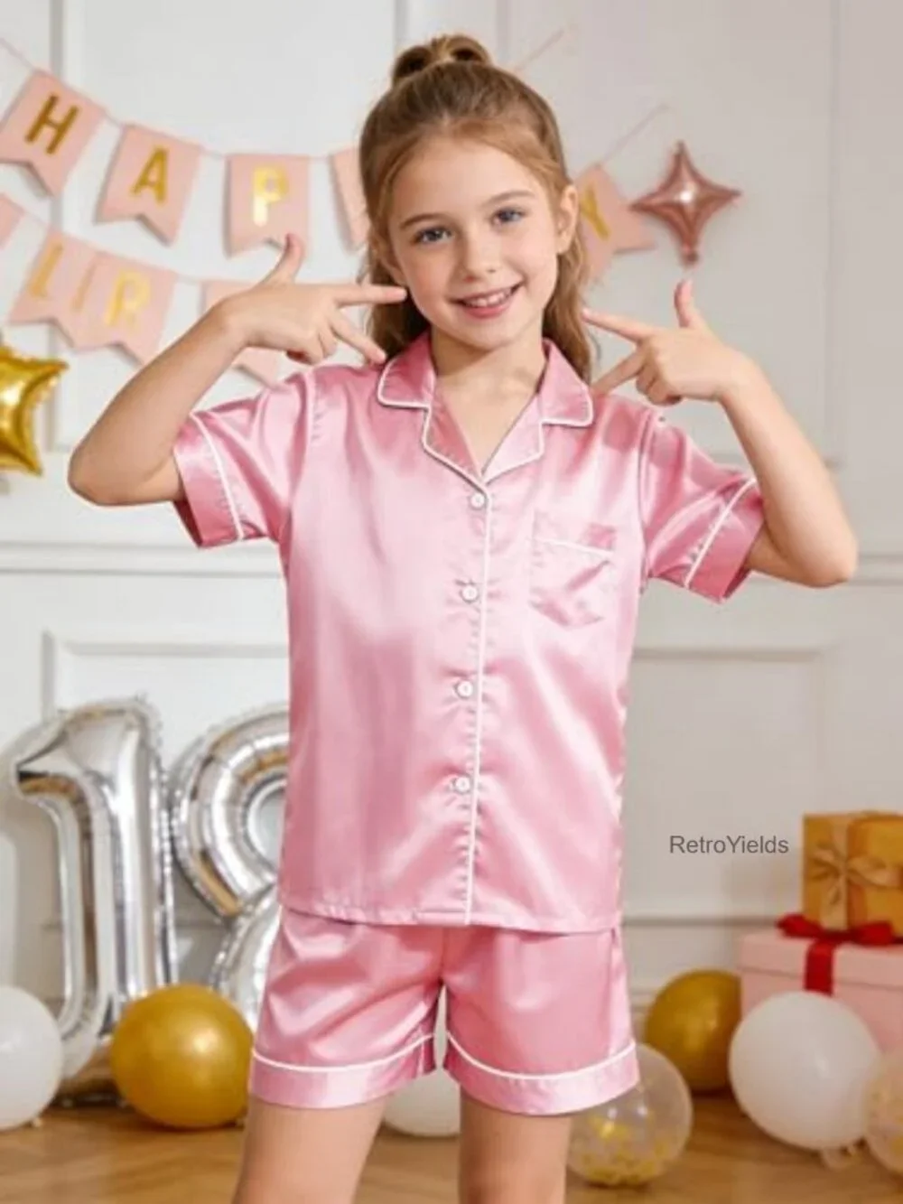 Satin 2-Piece Short Sleeve Pajama Set, Button Top & Shorts, Silky Soft Kids
